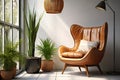 Boho Chic Oasis Brown Leather Mid-Century Wing Chair, Potted Houseplants, and Window ViewsÃ¢â¬âModern Living Room\'s. AI